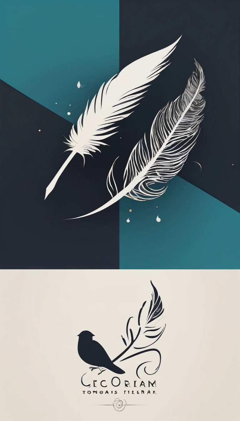 Create a cinematic, abstract symbol for a film production company based on stories and music. The logo should represent the companionship between a boy musician, A Storyteller Fantasy Bird and a Dreamy Feather. Minimalist symbol design