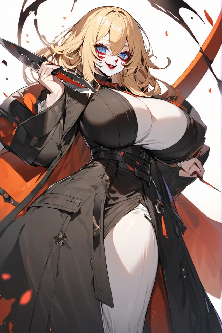 Tall woman Blonde hair, blue eyes, huge breasts, wearing dark clown makeup, dressed in black overcoat, holding two knives in her hands