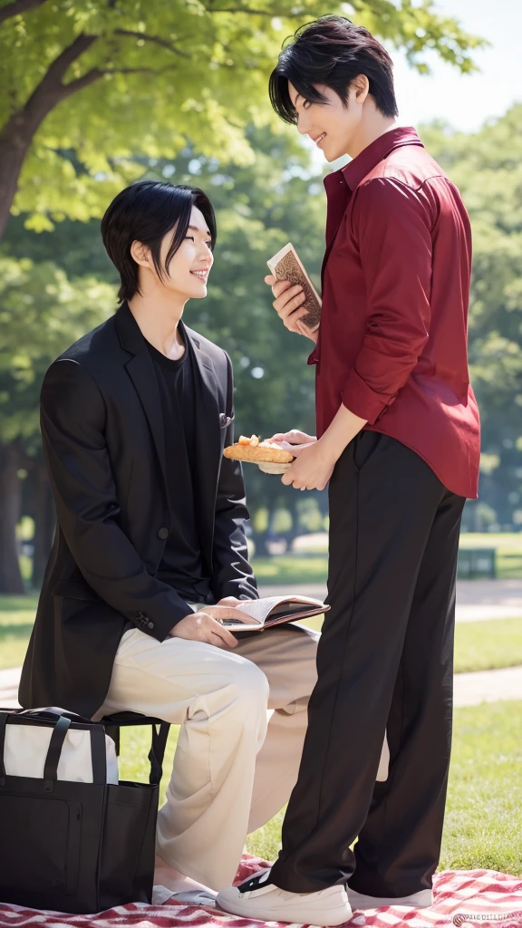 Picnic date with tall male idol Meguro Ren in the park.
He was dressed simply and roughly.
He ate a lot of bento deliciously.The two of us read a book and chat.
his gentle smile
