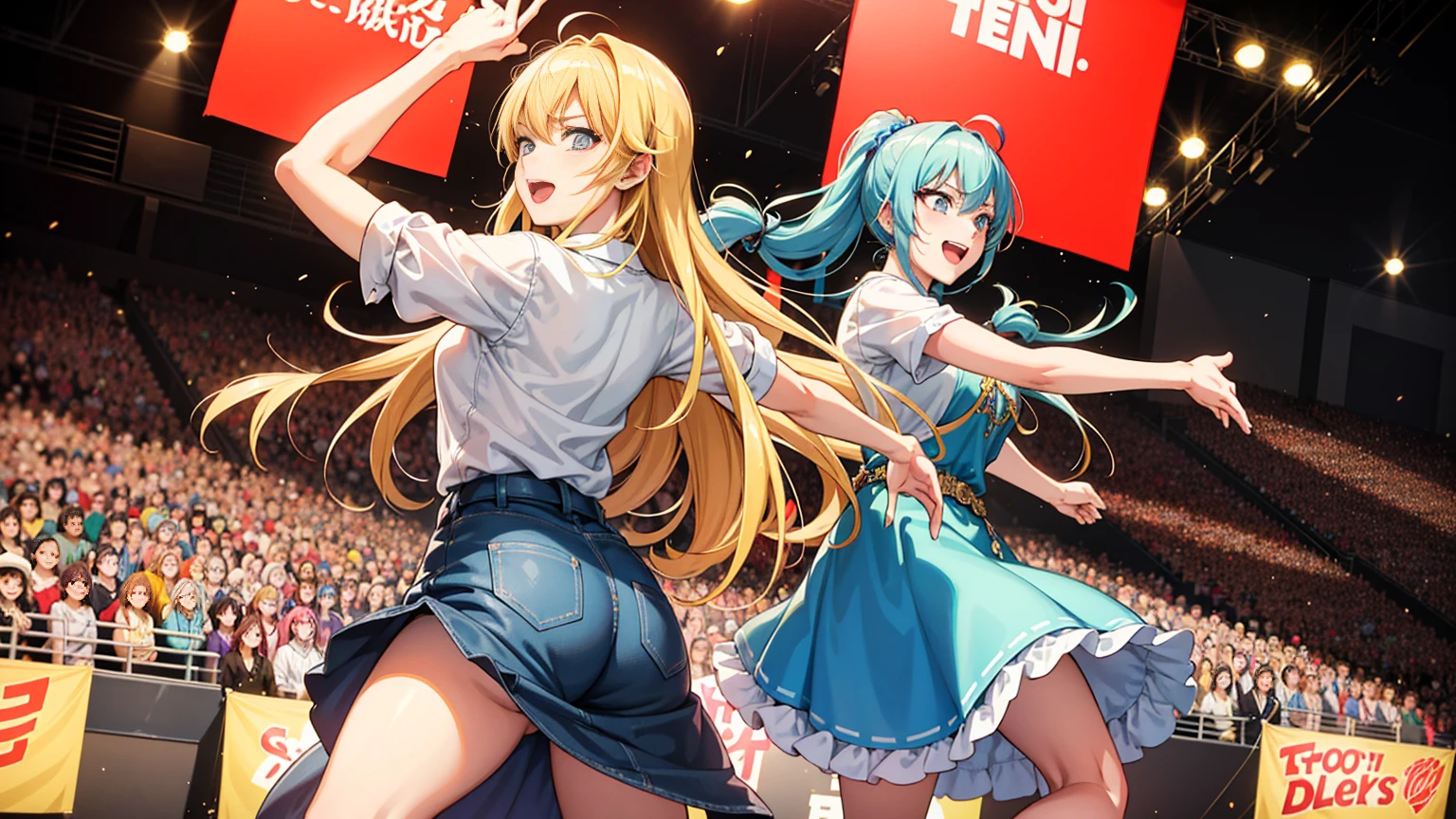 An anime-style illustration featuring a female character dancing to Bluegrass music. The character has long, flowing hair and is wearing a traditional bluegrass outfit with a plaid shirt, denim skirt, and cowboy boots. She is energetically dancing with a joyful expression. The background is a lively outdoor scene with a wooden stage, colorful banners, and a cheering crowd, capturing the energetic spirit of a bluegrass festival. The scene is vibrant and colorful, with detailed shading and gradients to add depth, and the character's eyes and facial expressions are emphasized to convey emotion.