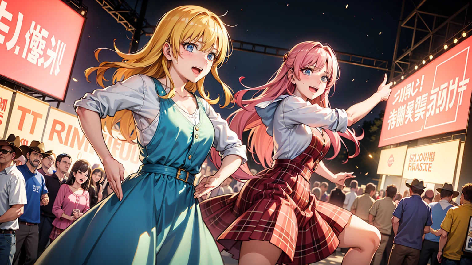 An anime-style illustration featuring a female character dancing to Bluegrass music. The character has long, flowing hair and is wearing a traditional bluegrass outfit with a plaid shirt, denim skirt, and cowboy boots. She is energetically dancing with a joyful expression. The background is a lively outdoor scene with a wooden stage, colorful banners, and a cheering crowd, capturing the energetic spirit of a bluegrass festival. The scene is vibrant and colorful, with detailed shading and gradients to add depth, and the character's eyes and facial expressions are emphasized to convey emotion.