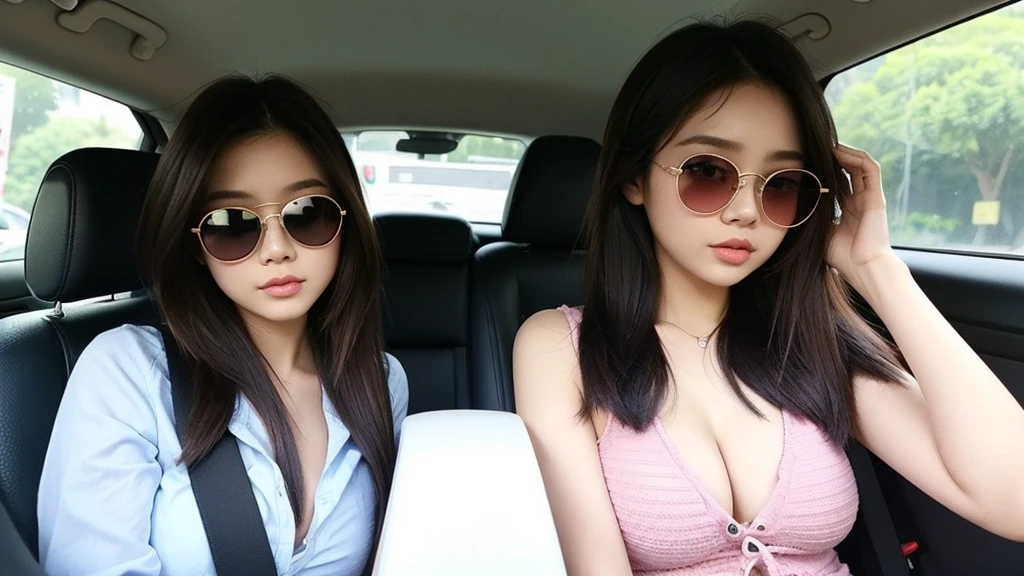 Indonesian girl 20-year-old Hairstyle Casual, F Cup Breasts with sunglasses wearing casual uptown in car and driving this car with her friend