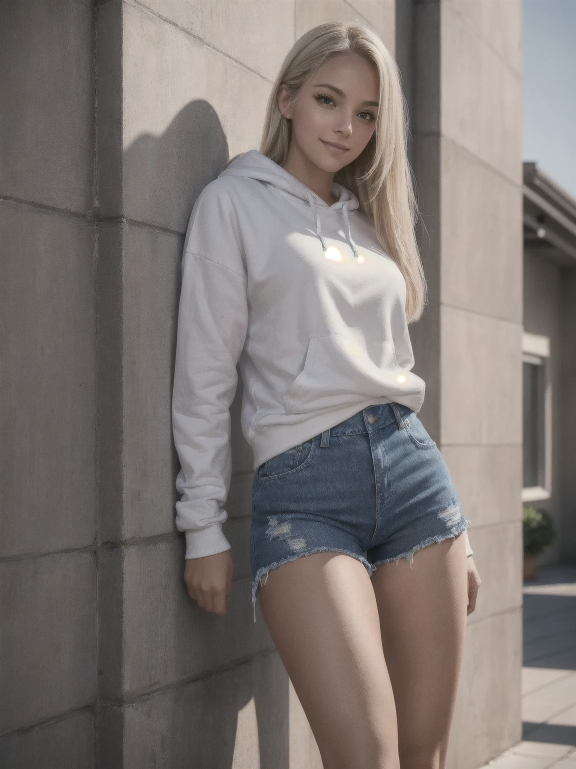 Sexy Western female student, sporty posture, mid-length blond hair, minimal makeup, university hoodie, tight denim shorts, knee-high socks, sneakers,youthful, standing, leaning against a wall, confident smile, soft ambient lighting, clear skin texture, casual and trendy,Detailed face,detailed eyes,detailed nose,detailed mouth,((UHD,masterpiece,super detail,award winning:1.4,best quality:1.2,highres,high quality)),