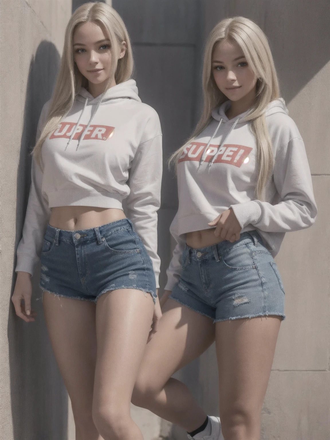 Sexy Western female student, sporty posture, mid-length blond hair, minimal makeup, university hoodie, tight denim shorts, knee-high socks, sneakers,youthful, standing, leaning against a wall, confident smile, soft ambient lighting, clear skin texture, casual and trendy,Detailed face,detailed eyes,detailed nose,detailed mouth,((UHD,masterpiece,super detail,award winning:1.4,best quality:1.2,highres,high quality)),
