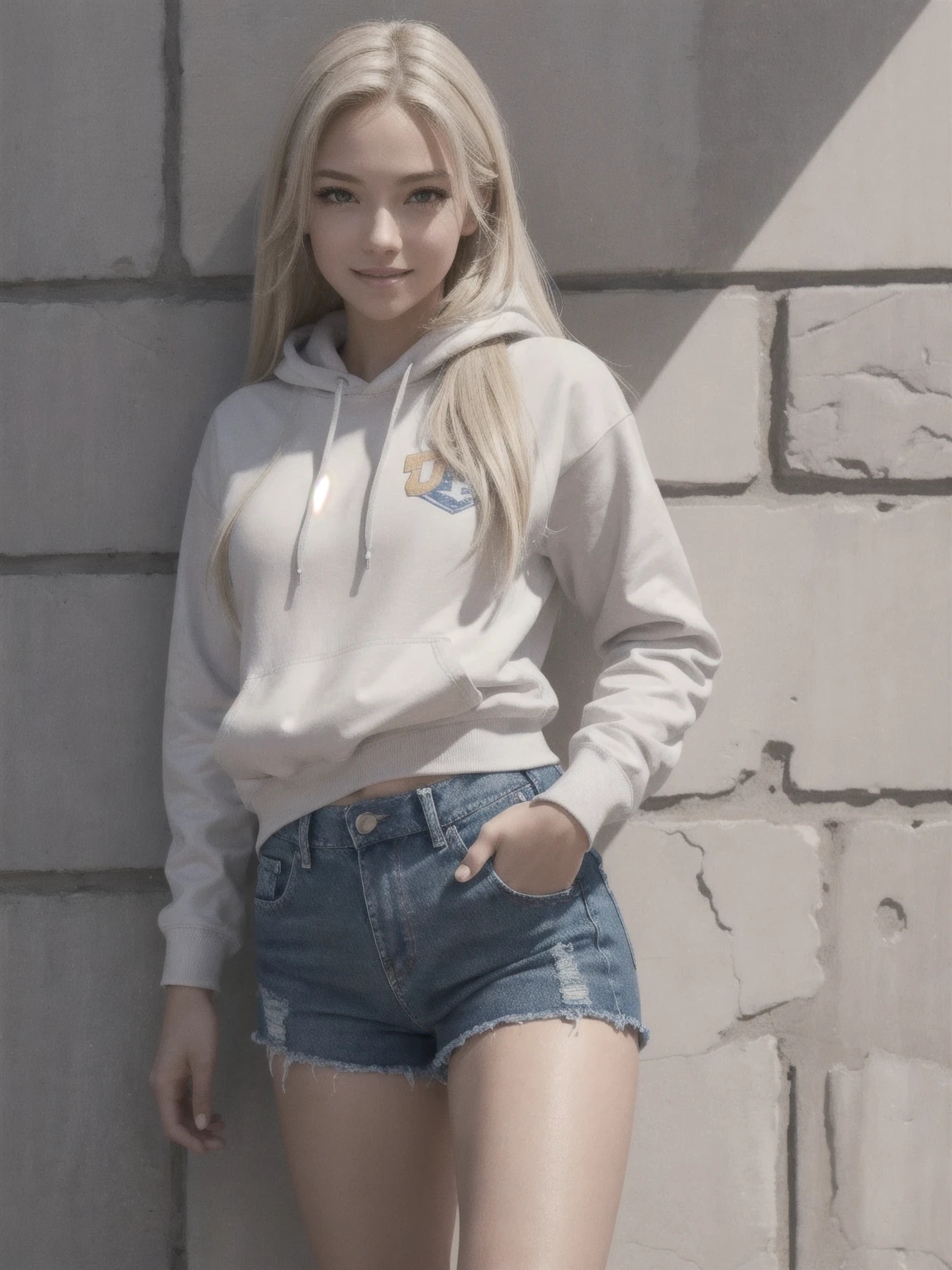 Sexy Western female student, sporty posture, mid-length blond hair, minimal makeup, university hoodie, tight denim shorts, knee-high socks, sneakers,youthful, standing, leaning against a wall, confident smile, soft ambient lighting, clear skin texture, casual and trendy,Detailed face,detailed eyes,detailed nose,detailed mouth,((UHD,masterpiece,super detail,award winning:1.4,best quality:1.2,highres,high quality)),