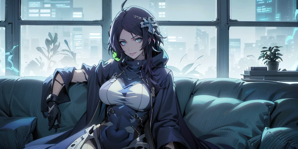 MC, ahoge, (long hari, purple hair:1.3), hair ornament, dark-blue eyes, anatomically correct, heavy breathing, huge breasts, breast press, solo, solo focus, masterpiece, best quality, 1girl, solo, grey hair, bodysuit, official bodysuit, cape, (hood:1.3), (detailed body, detailed face:1.5), (horizon:1.3), a woman in a black lingerie sitting on a couch in a room with a window and potted plants, transgressive art, cyberpunk art, Fan Qi, anime art, hollow eyes, bright pupils, dark-blue eyes, looking at viewer. glowing eyes heavy breathing, seductive smile, lips, 