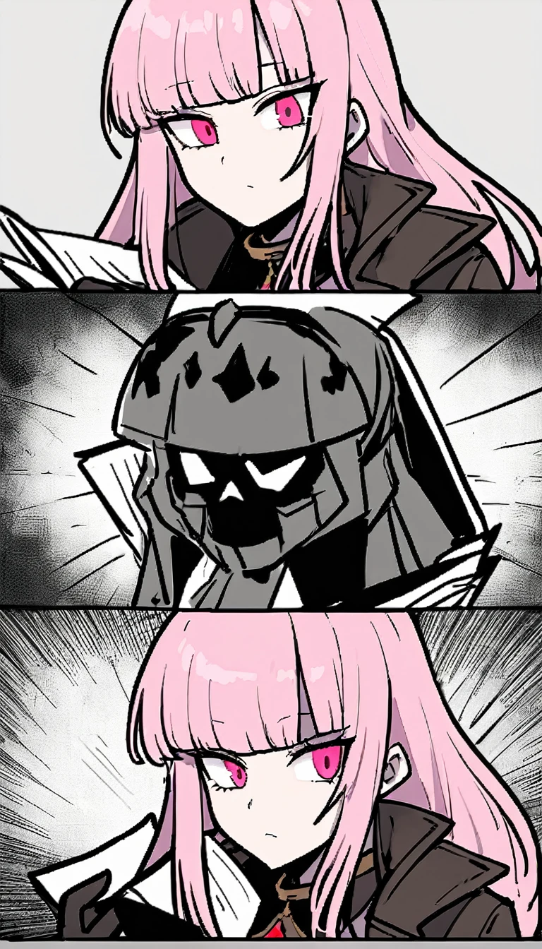 {darkest_dungeon:1.4}, {papers,_please:1.4}, {arknights:1.4}, {mori_calliope, pink_hair, long_hair, blunt_bangs, pink_eyes}, negative: {split_screen}, {b&w}