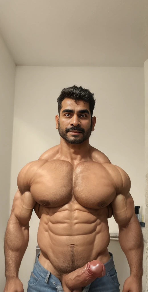 Indian man with a big uncuted body and a big cock, extremely muscular, massive muscles, absurdly massive physique, very beautiful. big muscles, large muscles, big muscles, huge muscles, very muscular, big muscle, exaggeratedly large physique, attractive beefy man, exaggerated muscle physique, big wide broad strong physique, beefy, daddy, bodybuilder