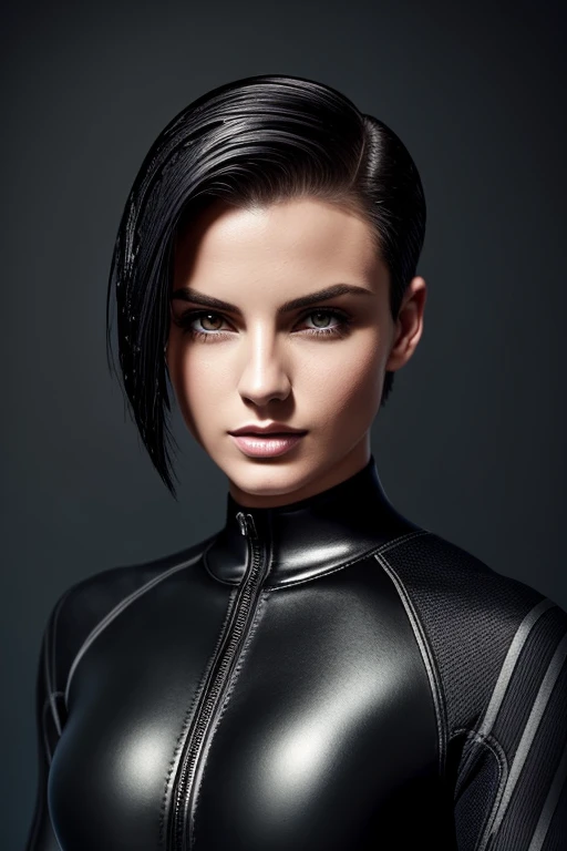 Gorgeous european woman with very short hair, short hair, wet hair, hair slicked back, combed straight back, slick hair, streaked black hair, seductive, diving wet suit, cleavage, solid dark grey background