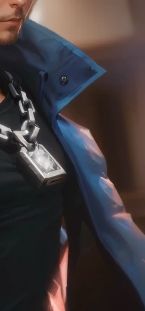 there is a man with a blue jacket and a black shirt, ultra detail. digital painting, character art closeup, wearing a chain, concept piece, extra detail more details, full body close-up shot, close up details, digitally painted, cinematic detail, close up shot, extra detail, ( ( extreme detail ) ), the the man is wrapped in chains