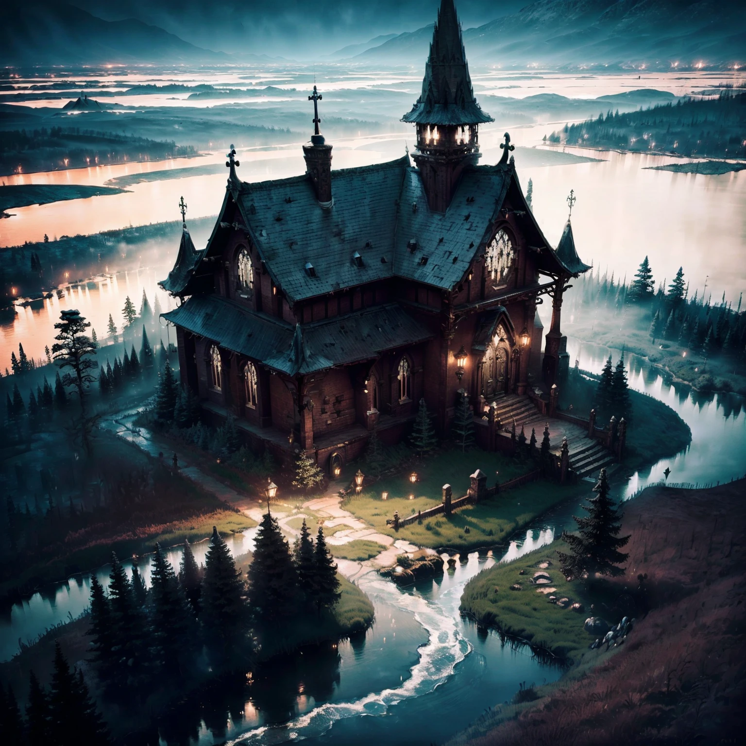 Aerial view from above taken directly from a drone,Big overlook,Extra long viewing angle,Imagine,sparse field,panoramic, Village in the forest,黑Village in the forest,Village in the Dark,village night,many houses,A dozen houses,Nine Houses,A medieval village,In the dark magic sunny forest,midnight,in the darkness,Dim Lights,Black sky,Mysterious continent,Many medieval houses,Dark style,Dark Enchanted Forest,The city center is a square,中心广场有个church建筑,村庄的中心广场上有一座church,religious building,church,There is a blood river flowing in the upper right corner of the map,There is a river of blood in the distance,The river water is deep red,Crimson River,A spooky cemetery on the edge of town,cemetery,Cemetery Cross,tombstone,,There is a gate on the left side of the city,(The great dark magic sprouted from the West:1.2), (There's black witchcraft in the air.:1.2), fire, ice and thunder, Dungeons & Dragons, Final Fantasy, Game Art, (Coherent architectural and exterior design, Has realistic proportions and textures, Intricate details, Hand Painted, Full of energy, theater lighting, masterpiece, 8K:1.2),world map,In the middle of the map is the Holy City