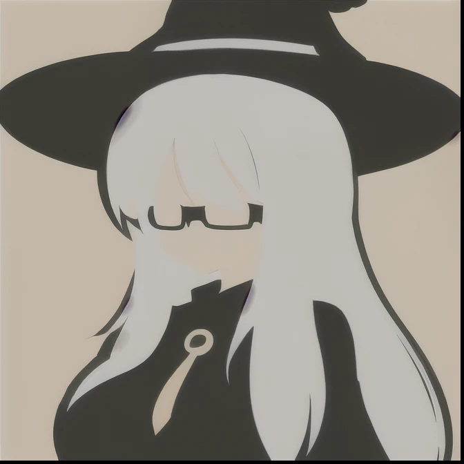 Anime Minimalist, One girl, alone, White Hair, Black clothing,Yellow background, hair ornaments, librarian,Glasses,hat,witch,(Turned to the side:1.5),(),(Large Breasts.1.7),(Huge breasts:1.25)