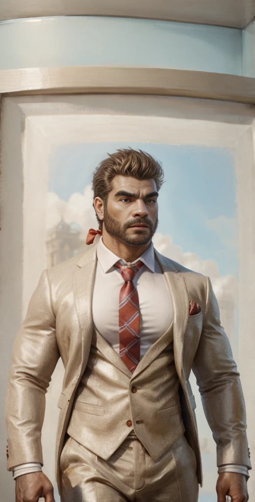 clock tower, a 30 y.o muscular male wearing long-sleeve white shirt and tie, (fancy suit:1.1), digital painting, detailed, sky, f/2.8, (ultra-detailed), (artstation:1.5), radiosity, High Detail, reflection,