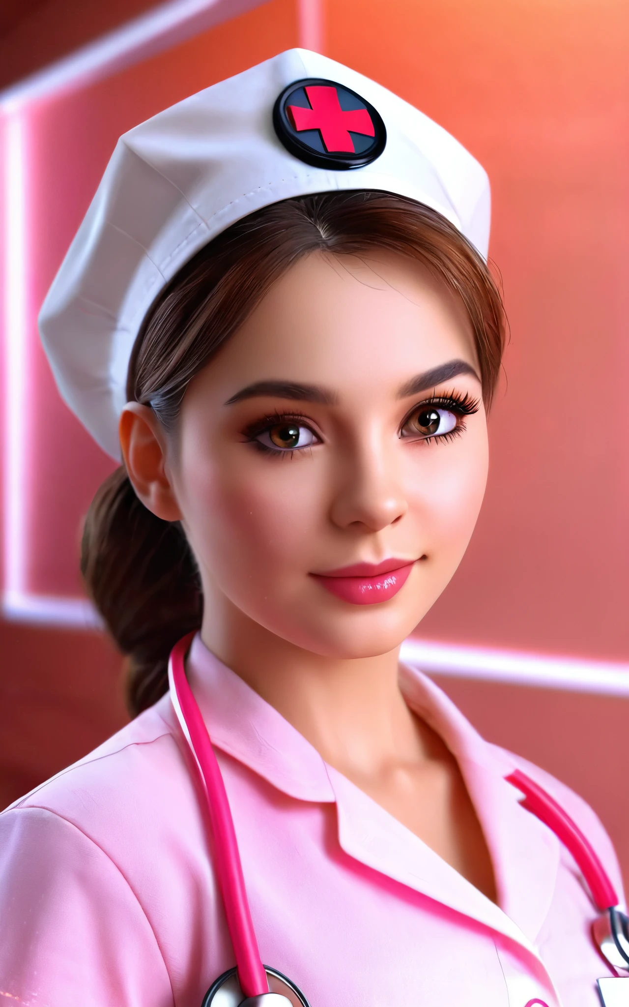 Full body portrait, pink_young and very beautiful nurse in sexy very tight nurse uniform, highly detailed facial features, long eyelashes, thick lips, beautiful eyes, perfect skin, nurse cap, holding medical clipboard, seductive expression, photorealistic, 8k, ultra detailed, cinematic lighting, dramatic shadows, warm tones