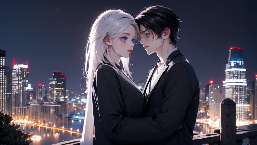 1 Boy&Girl , Boy medium light black hair, Girl medium light white hair, light blue eyes, wearing black suit, night city, 18+ , high res, ultrasharp, 8K, masterpiece, looking from behind