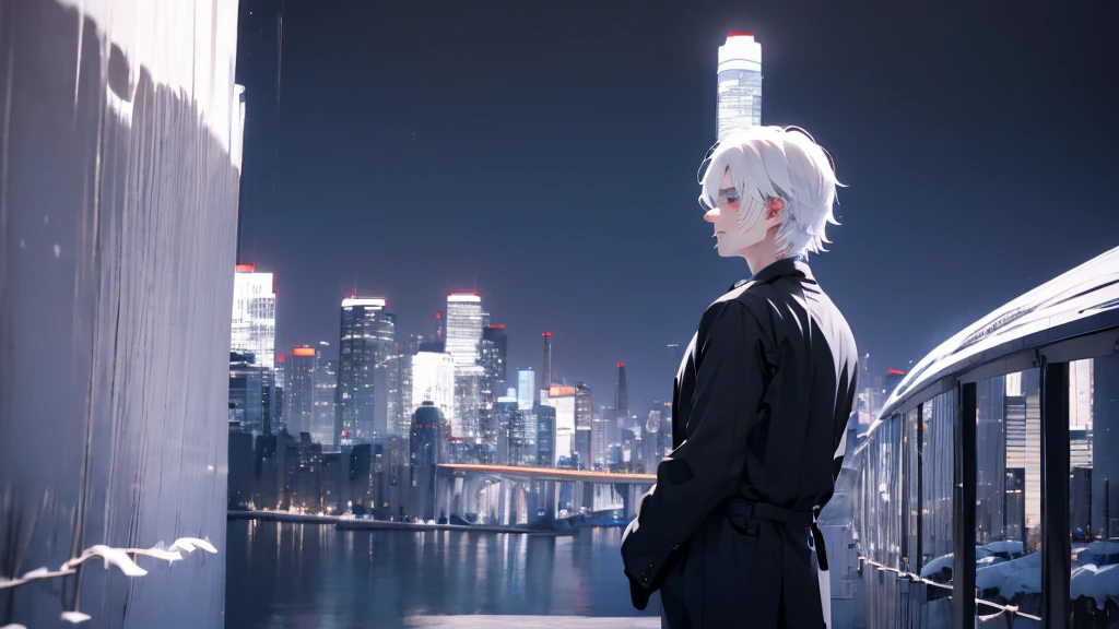 1 Boy&Girl , Boy medium light black hair, Girl medium light white hair, light blue eyes, wearing black suit, night city, 18+ , high res, ultrasharp, 8K, masterpiece, looking from behind
