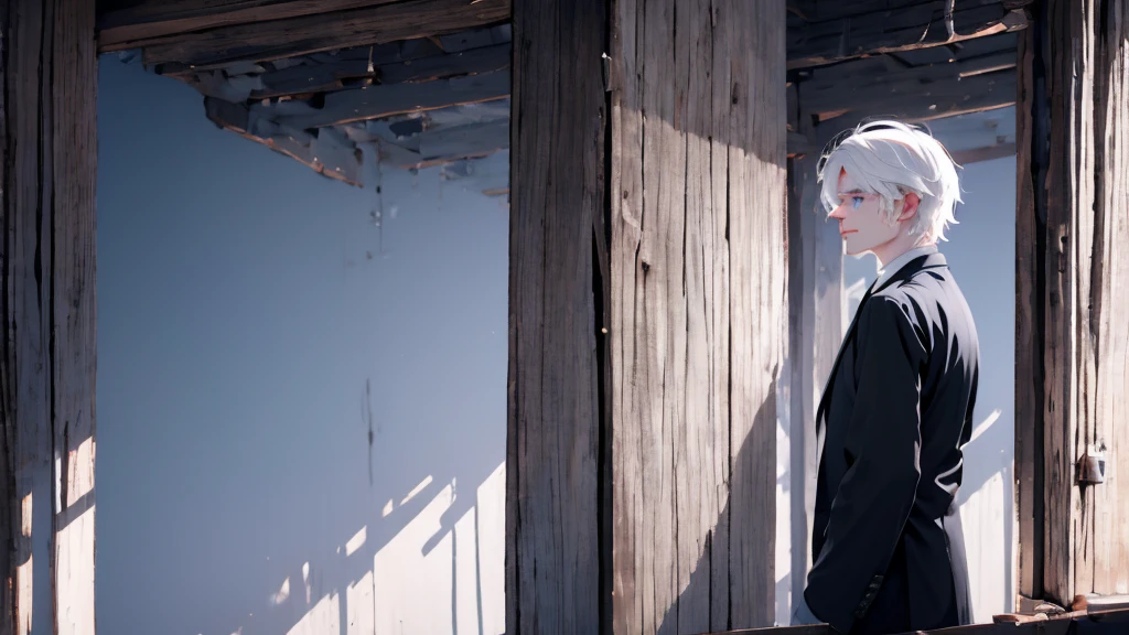 1 Boy&Girl , Boy medium light black hair, Girl medium light white hair, light blue eyes, wearing black suit, night city, 18+ , high res, ultrasharp, 8K, masterpiece, looking from behind