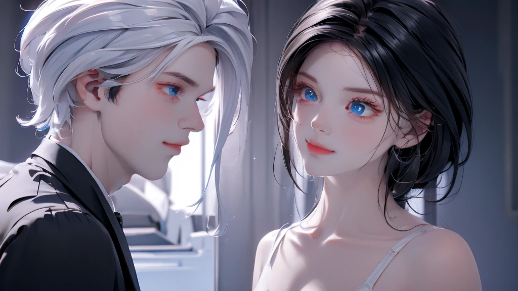 1 Boy&Girl , Boy medium light black hair, Girl medium light white hair, light blue eyes, wearing black suit, night city, 18+ , high res, ultrasharp, 8K, masterpiece, looking from behind