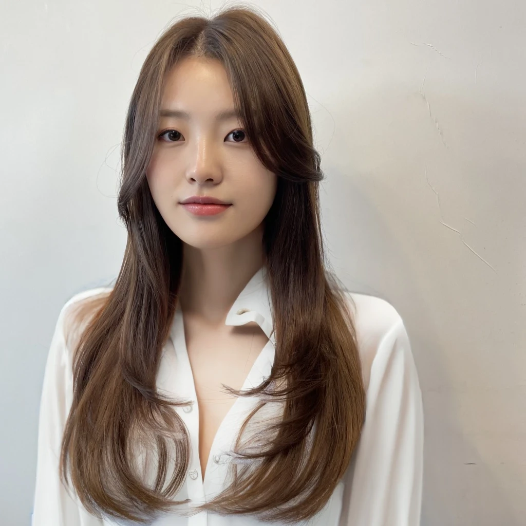 Best Quality, 8k, Masterpiece, (Portrait: 1.3), (photo realistic:1.4), (hyper realistic:1.4), Sharp Focus, looking at viewer, (smoother lighting:1.1), (increase cinematic lighting quality:0.9), realistic lighting, backlighting, light on face, ray trace, (brightening light:1.2), (Increase quality:1.4), sharp detail, (best quality real texture skin:1.4), finely detailed eyes, black_eyes, finely detailed face, 25 year old Korean woman, (white formal_shirt:1.4), (Create an image maintaining the original base model hairstyle:1.5)