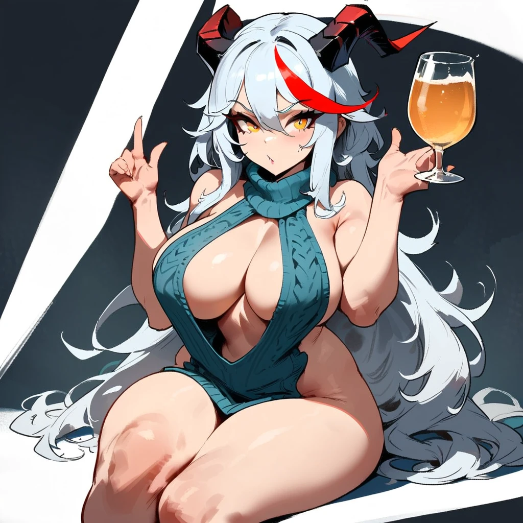 1girl, aegir \(azur lane\), azur lane \\\\\ masterpiece, best quality, very aesthetic, absurdres, newest \\\\\\ perfect anatomy, slim body, ,perfect hands, , , \\\\\\ by nyantcha,,by cutesexyrobutts,by khyle ///// white background, , , silvery white hair with a single prominent red streak , black horns, , virgin killer sweater, yellow eyes, drunk,, , ,,, heels,sit,splash art