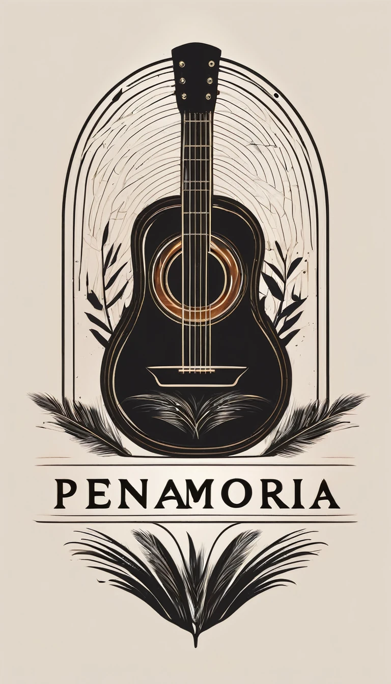 A minimal, modern, simple, cinematic logotype for the brand “Penamemoria". The logotype must be a simple, magical feather and a boy playing acoustic guitar. The logo must convey a sense of music, stories and dreams. Logo design impressed on a book cover. Minimalistic logo.