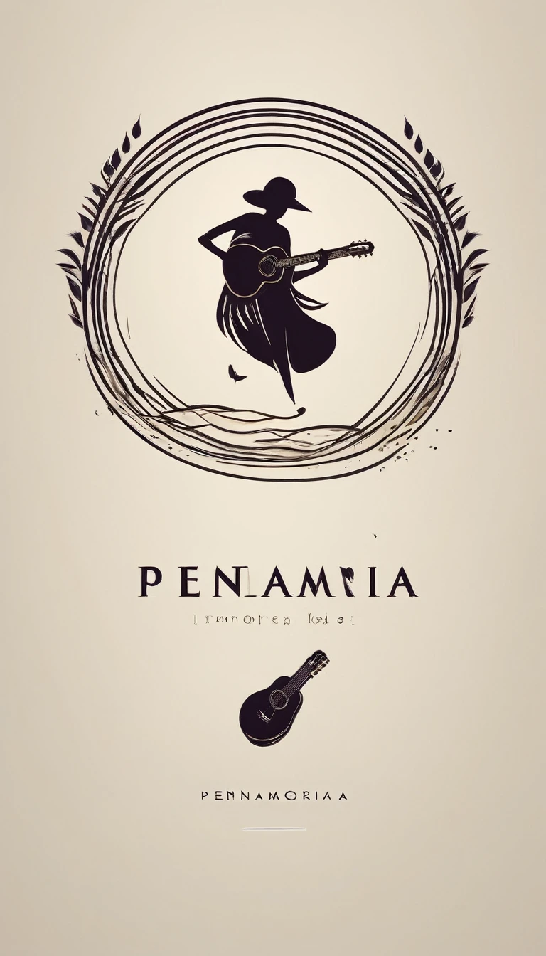 A minimal, modern, simple, cinematic logotype for the brand “Penamemoria". The logotype must be a simple, magical feather and a boy playing acoustic guitar. The logo must convey a sense of music, stories and dreams. Logo design impressed on a book cover. Minimalistic logo.