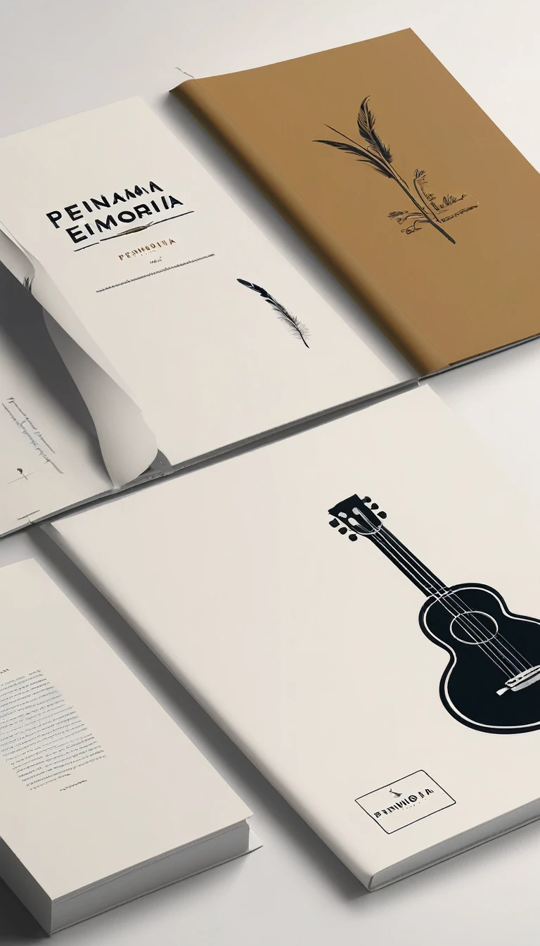 A minimal, modern, simple, cinematic logotype for the brand “Penamemoria". The logotype must be a simple, magical feather and a boy playing acoustic guitar. The logo must convey a sense of music, stories and dreams. Logo design impressed on a book cover. Minimalistic logo.
