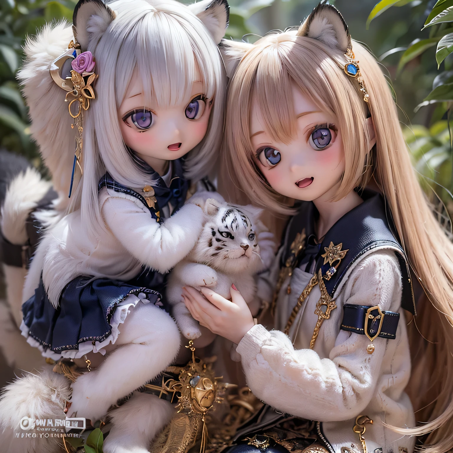 (highest quality,4K,8k,High resolution,masterpiece:1.2),Very detailed,Realistic,White Tiger Girls Chibi,Beautiful details,Long eyelashes,Detailed lips,A girl in colorful and cute clothes,A tall tree with vibrant flowers々々Play in the Magical Garden,Soft, warm sunlight hitting the trees々Plug in from between,Creates a magical and dreamy atmosphere,Sparkling fairy dust floating in the air,Bring a sense of glamour and wonder to your scenes,The skin has a delicate and intricate tiger pattern..,Glows softly, Mysterious Light,The innocent and happy expressions of the girls,
Emphasize a pure and playful personality,Small and adorable chibi characters, Make school uniforms even cuter, A harmonious blend of reality and fantasy,
Evokes childlike joy and imagination, vibrant and lively color palette,
Shades of pink, purple, Blue and,Painting-like texture, Add depth and richness to your artwork, Capture the magical essence of the scene.stand