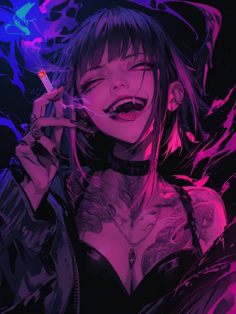 man, handsome, crazy, tongue out, snake tattoo on neck, piercing, grey hair, anime style, tall, chin up, cigarette