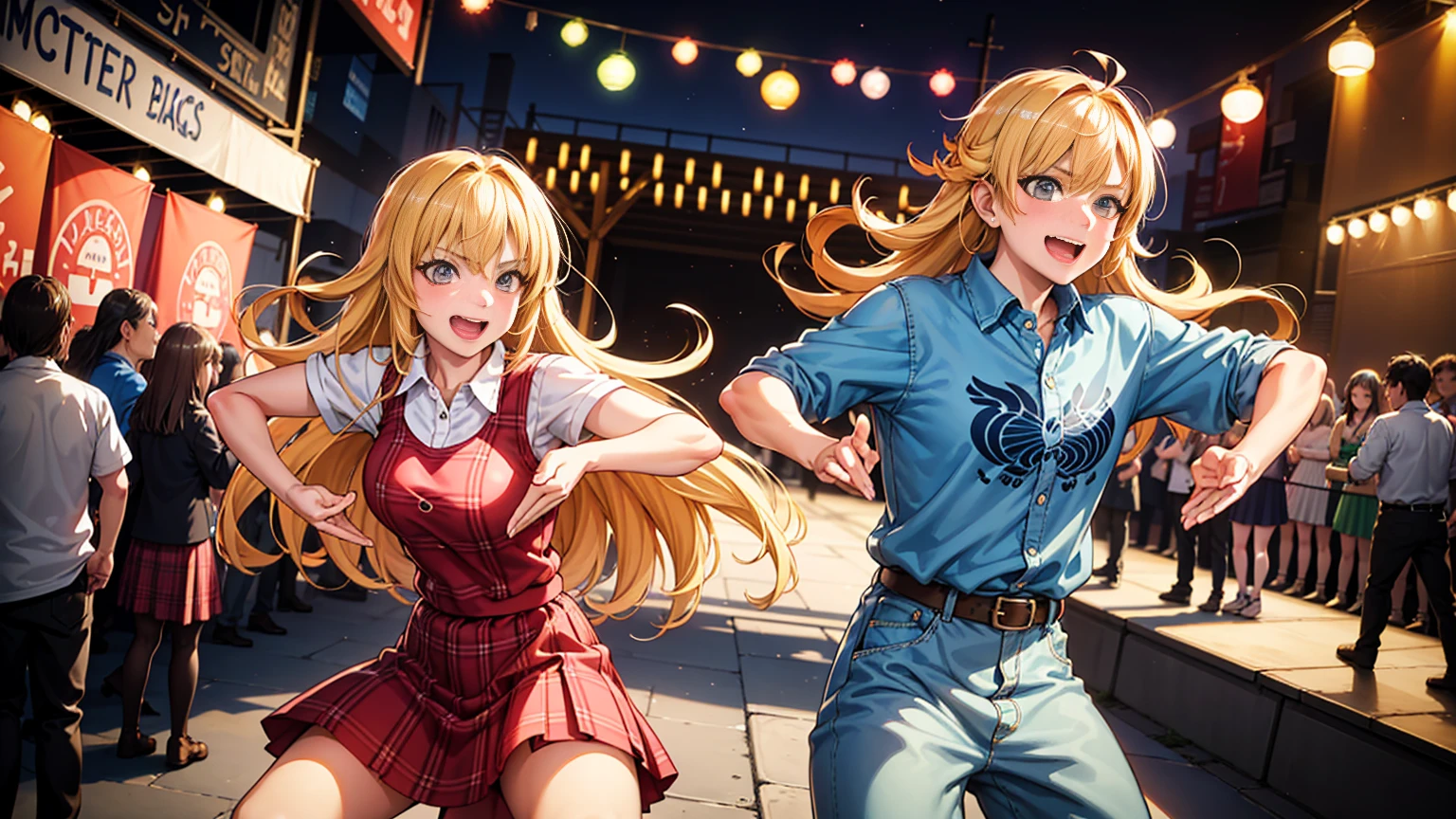 An anime-style illustration featuring a female character dancing to Bluegrass music. The character has long, flowing hair and is wearing a traditional bluegrass outfit with a plaid shirt, denim skirt, and cowboy boots. She is energetically dancing with a joyful expression. The background is a lively outdoor scene with a wooden stage, colorful banners, and a cheering crowd, capturing the energetic spirit of a bluegrass festival. The scene is vibrant and colorful, with detailed shading and gradients to add depth, and the character's eyes and facial expressions are emphasized to convey emotion.