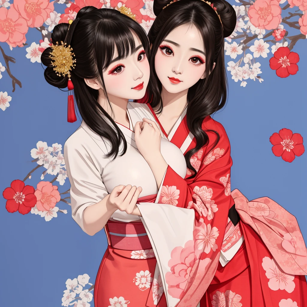 Each has a different expression2People and sisters、(2 girls)、⦅Dancing traditional arts with grace)、((Big Breasts、Small Face、Not exposed))、highest quality、masterpiece、(Black Hair、Bun Hair)、Brown Eyes、⦅Wide angle、Angle from above the waist、雑誌の表紙のPause、Their gazes are different, gazing into the distance⦆、(8K High Quality、masterpiece、High resolution、Realistic and beautiful light and shadow、(highest quality)、(High Resolution)、(Very delicate and beautiful)、(Beautiful 8k face)、(With a smile、Beautiful eyes)、(Clear skin)、(Soft hair)、(8Head to Body)、(A Japanese-style yukata kimono with red, pink, orange and blue floral patterns on a white background, interspersed with gold powder、Wearing a yukata2Beautiful Japanese girls)、((Tanabata decoration background))、((Small Face))、(arms up)、Thin and small nose、(Red lipstick)、(Make your cheeks red)、(Glossy skin)、((Ink painting style))、Very thin eyebrows、Overall ultra-high image quality、(She is wearing maiko-style makeup.)、Whitening、Long and beautiful eyelashes、Glowing Skin、(Red cheeks),Straight nose、masterpiece、highest quality、whole body、 Eyebrows visible through hair、Bun Hair、Grin、Gal、コGal、Viewer's Eyes、Plaid、Stylish、woman、fine、Pause、
Waiting to start
