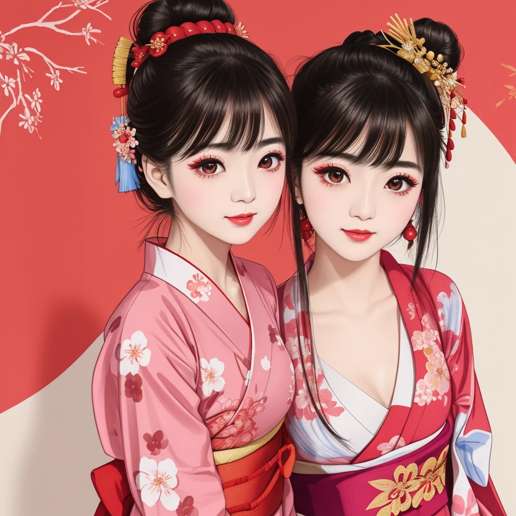 Each has a different expression2People and sisters、(2 girls)、⦅Dancing traditional arts with grace)、((Big Breasts、Small Face、Not exposed))、highest quality、masterpiece、(Black Hair、Bun Hair)、Brown Eyes、⦅Wide angle、Angle from above the waist、雑誌の表紙のPause、Their gazes are different, gazing into the distance⦆、(8K High Quality、masterpiece、High resolution、Realistic and beautiful light and shadow、(highest quality)、(High Resolution)、(Very delicate and beautiful)、(Beautiful 8k face)、(With a smile、Beautiful eyes)、(Clear skin)、(Soft hair)、(8Head to Body)、(A Japanese-style yukata kimono with red, pink, orange and blue floral patterns on a white background, interspersed with gold powder、Wearing a yukata2Beautiful Japanese girls)、((Tanabata decoration background))、((Small Face))、(arms up)、Thin and small nose、(Red lipstick)、(Make your cheeks red)、(Glossy skin)、((Ink painting style))、Very thin eyebrows、Overall ultra-high image quality、(She is wearing maiko-style makeup.)、Whitening、Long and beautiful eyelashes、Glowing Skin、(Red cheeks),Straight nose、masterpiece、highest quality、whole body、 Eyebrows visible through hair、Bun Hair、Grin、Gal、コGal、Viewer's Eyes、Plaid、Stylish、woman、fine、Pause、
Waiting to start