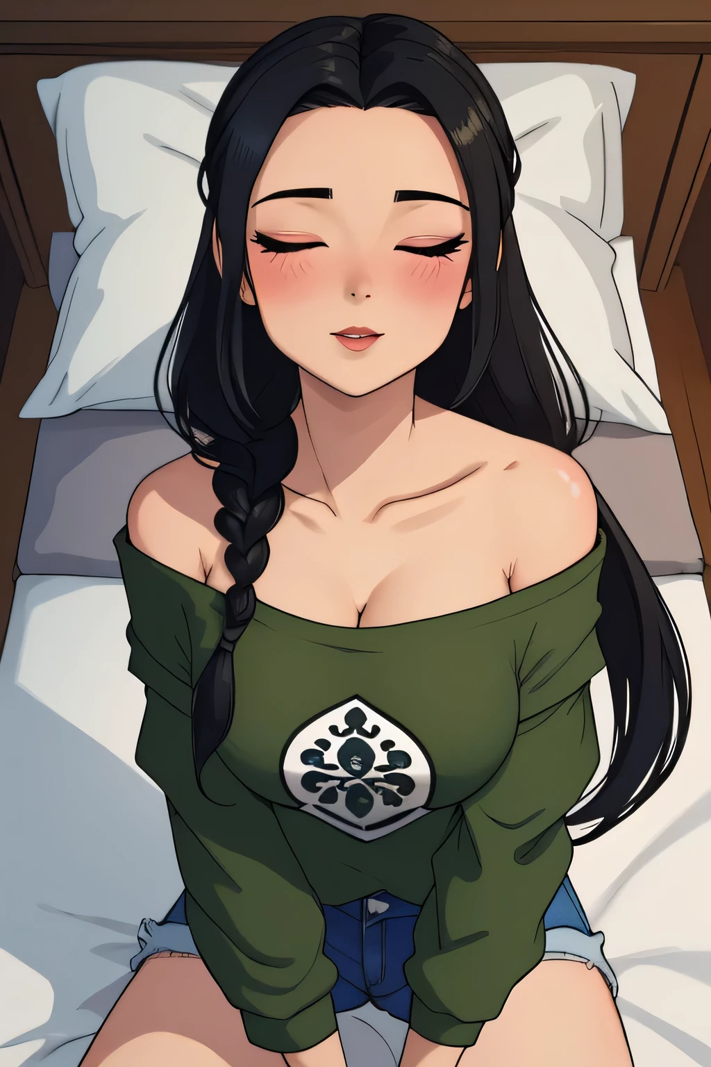 Amazing portrait of a sexy woman with her black hair in a single braid having a long forehead with seductive eyes and her lips parted smiling with the deepest blush wearing an off shoulder olive green t shirt and blue short shorts lying on the bed being very seductive and aroused