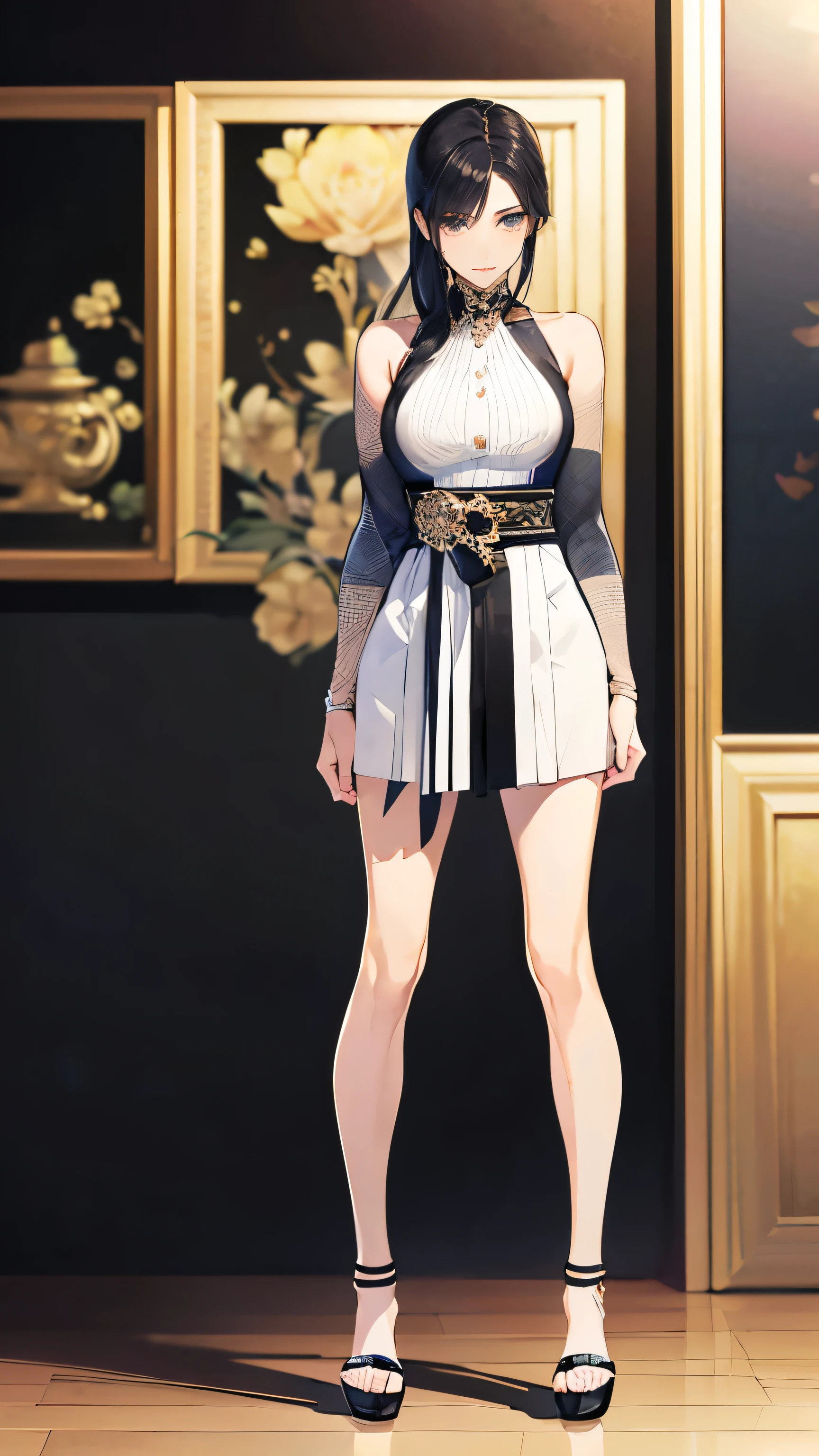 Black Hair、((Arms are lowered:1.4))、Stylish clotheanga:1.4)(Woman in her 40s:1.5),(full body:1.4),(Stylish clothes)、(solo),highest quality、8K、masterpiece、ultra high resolution、clear pictures、realistic pictures、Photoreal、professional lighting、National beautiful girl、round face、super slender、delicate body、thin waist、
