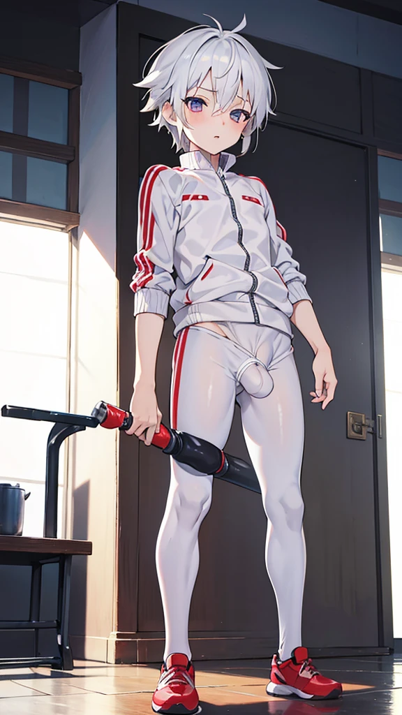 shota, , spats, white hair, boy, nsfw, penis, solo, high resolution, Gym suit