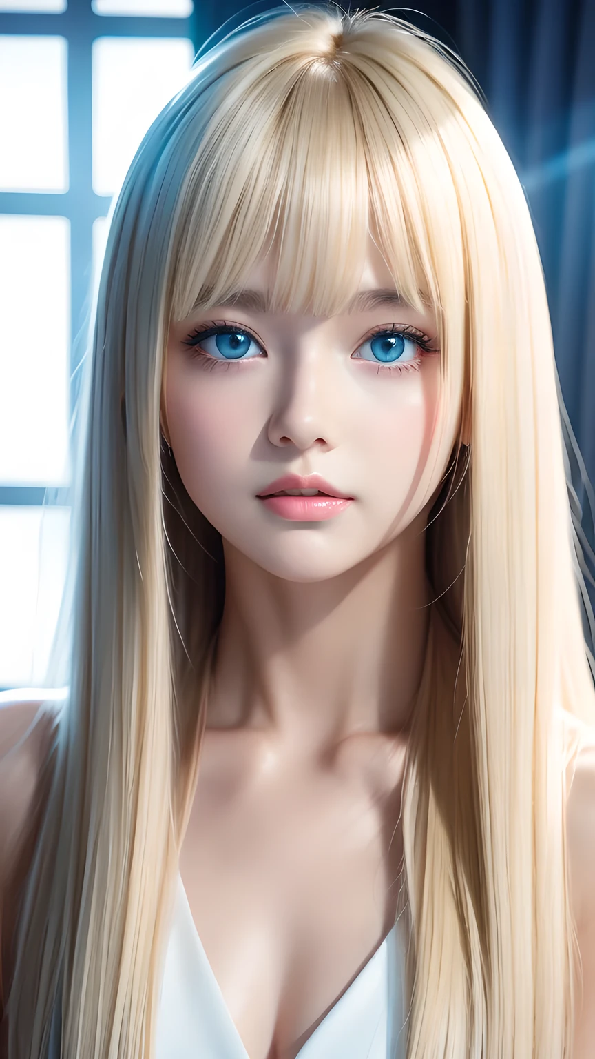 White shiny skin、Blonde hair color that changes with light、Long bangs obstruct the view、Glossy highlight on cheeks、The most beautiful face in the world、Super long gorgeous blonde hair、Smooth straight hair、Ample Bust、Big, bright, light blue eyes that shine beautifully、Beautiful bangs、Beautiful cute girl 、Round face、Small Face Beauty、Cheek highlighter