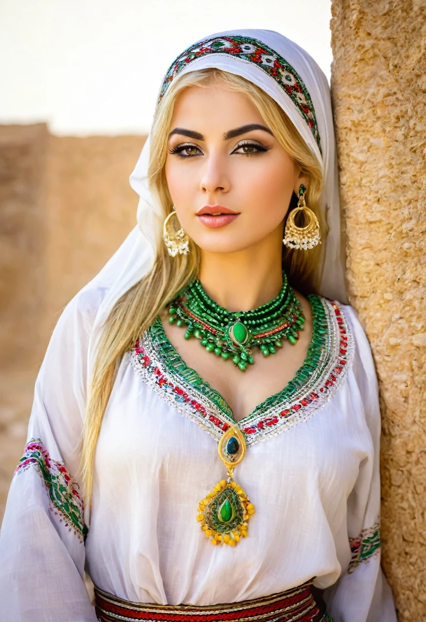 Blonde women in middle of twentys medium size body very beautiful wearing traditional outfit from Algeria