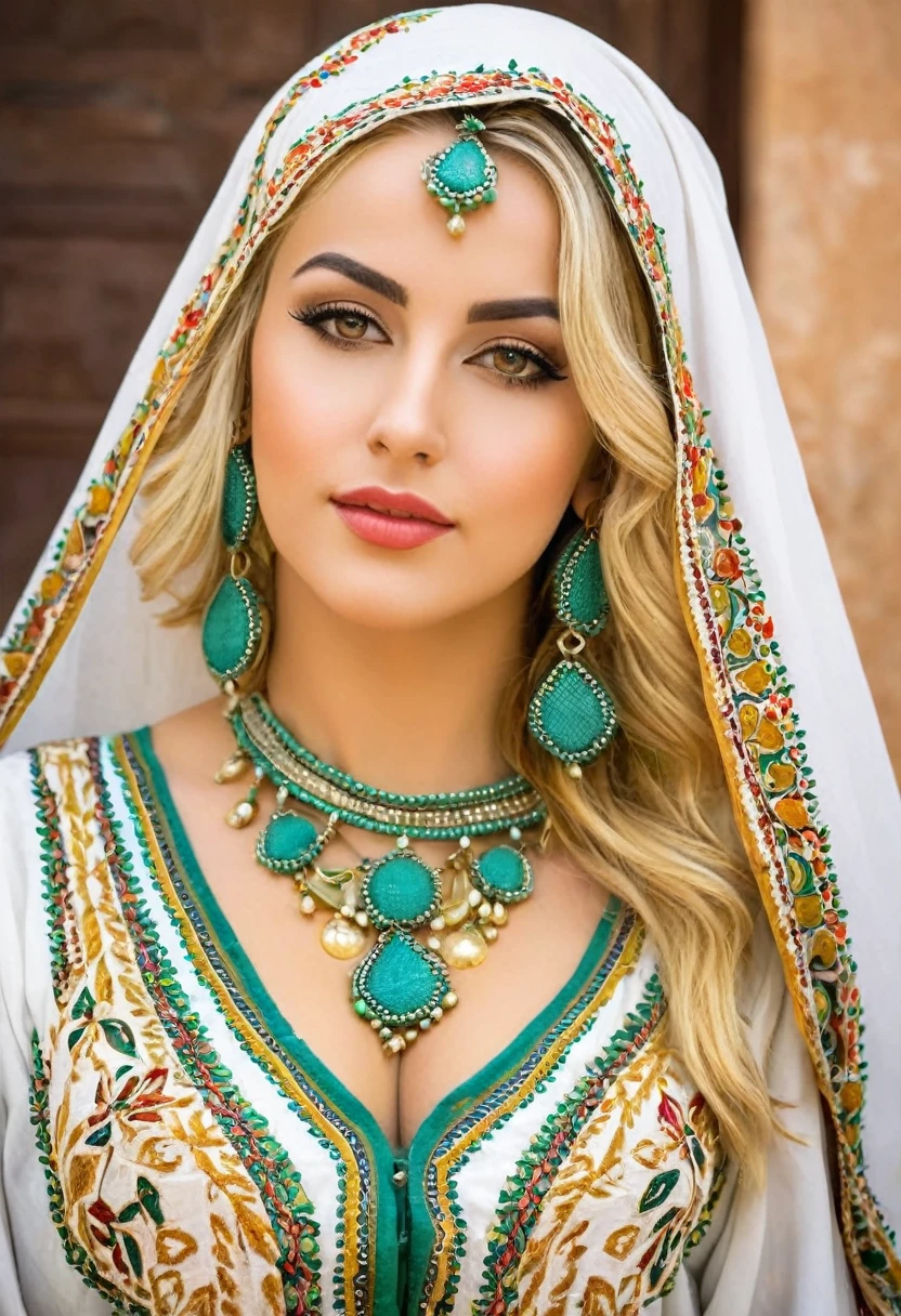 Blonde women in middle of twentys medium size body very beautiful wearing traditional outfit from Algeria