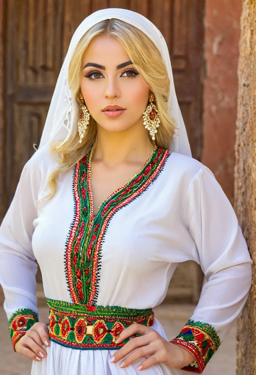 Blonde women in middle of twentys medium size body very beautiful wearing traditional outfit from Algeria