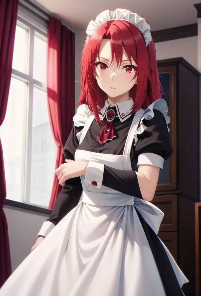 best quality, red hair,red eyes,masterpiece, highres, solo, (maid:1.40), (long maid dress:1.15),