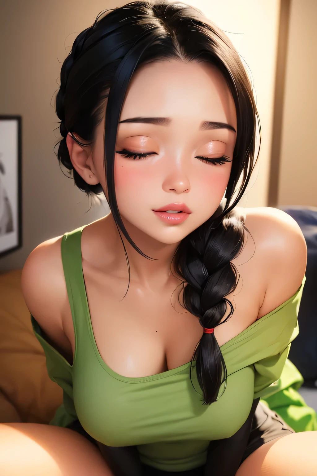 Amazing portrait of a sexy woman with her black hair in a single braid having a long forehead with seductive eyes and her lips parted smiling with the deepest blush wearing an off shoulder olive green t shirt and blue short shorts lying on the bed being very seductive and aroused