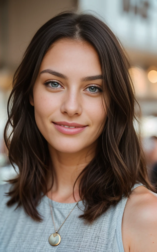 woman smiling drinking coffee, in a busy cafe in london drinking coffee very detailed, 40 years, innocent face, long hair, natural wavy, blue eyes, high resolution, masterpiece, best quality, intricate details, highly detailed, sharp focus, detailed skin, realistic skin texture, texture, detailed eyes, professional, 4k, charming smile, shot on Canon, 85mm, shallow depth of field, kodak vision color, perfect fit body, extremely detailed, foto_\(ultra\), photorealistic, realistic, post-processing, maximum detail, roughness, real life, ultra realistic, photorealism, photography, 8k uhd, photography, busty