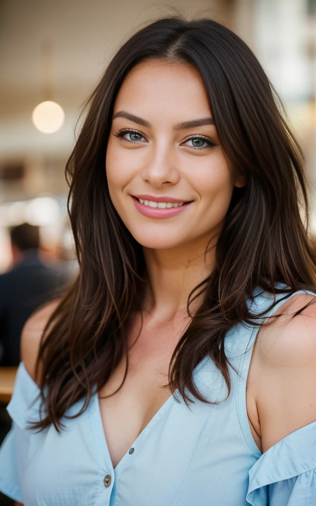 woman smiling drinking coffee, in a busy cafe in london drinking coffee very detailed, 40 years, innocent face, long hair, natural wavy, blue eyes, high resolution, masterpiece, best quality, intricate details, highly detailed, sharp focus, detailed skin, realistic skin texture, texture, detailed eyes, professional, 4k, charming smile, shot on Canon, 85mm, shallow depth of field, kodak vision color, perfect fit body, extremely detailed, foto_\(ultra\), photorealistic, realistic, post-processing, maximum detail, roughness, real life, ultra realistic, photorealism, photography, 8k uhd, photography, busty