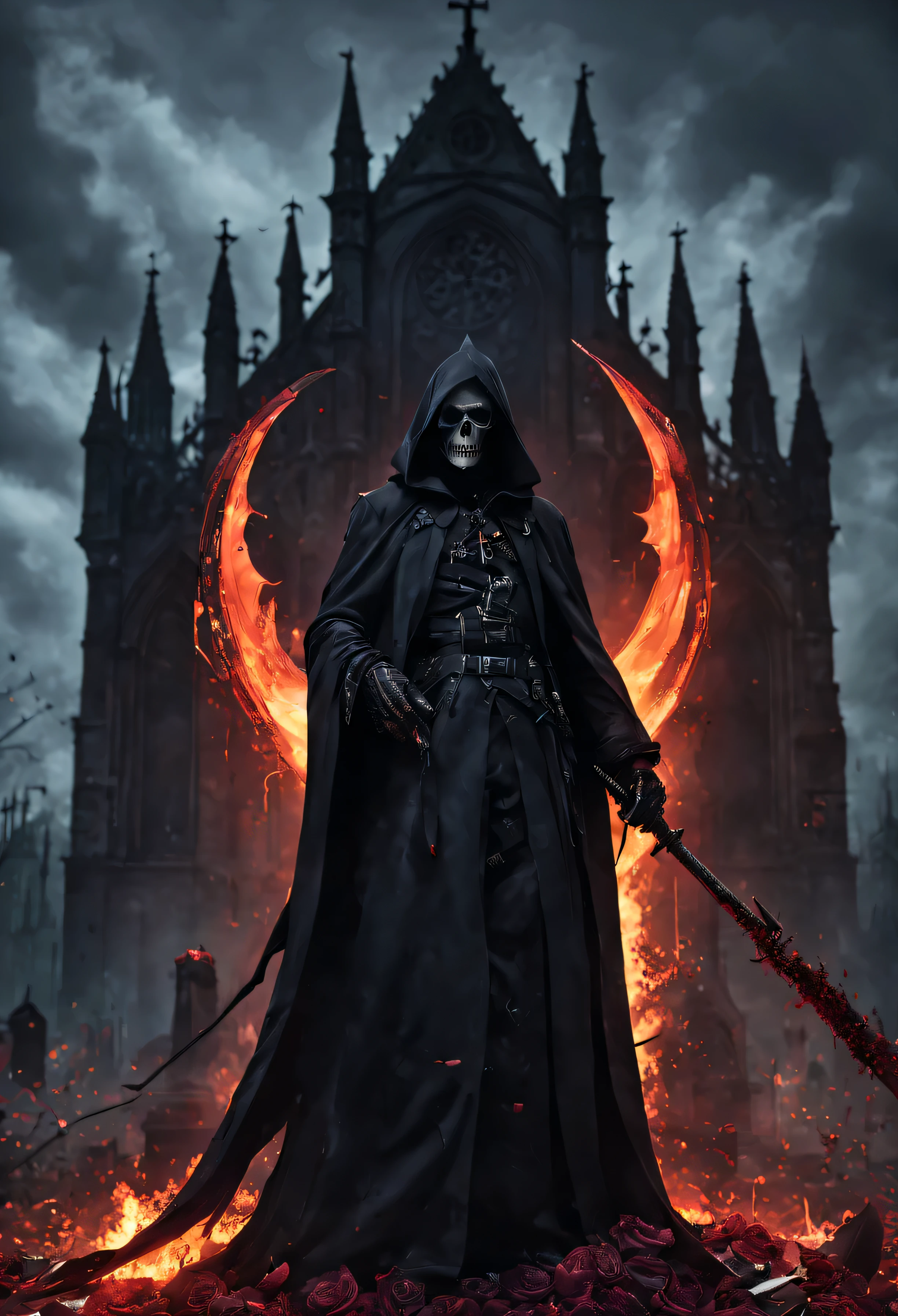 (Messenger from hell:1.4),cross,A huge god of death,View of sickle from below,hell,magma,flame,(Purple flame:1.3),There is fresh Blood on the ground,Blood pool,dripping Blood,Gothic aesthetics,one、Rose、castle、cross、Blood、churchyard,The mystery of gothic style、solemn and profound,gothic style,gothic style lace clothes、Rose symbolizes romance、grave、Blood ghost、witch、ruins、gothic cathedral,Gothic symbols series