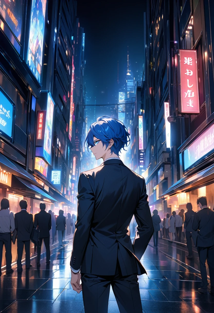 A man with blue hair and blue eyes in a black suit stood alone with his back turned halfway in the middle of the city at night.