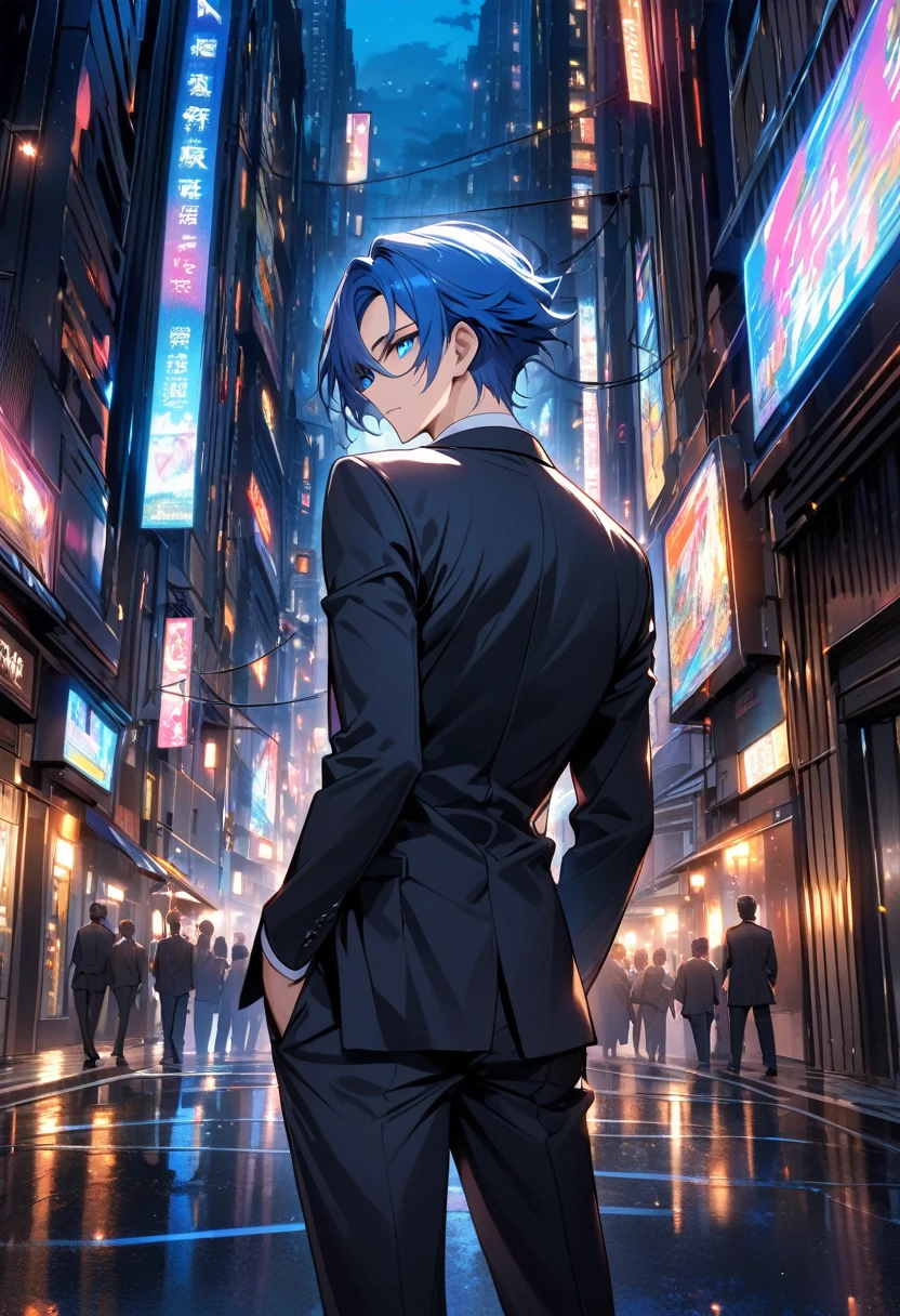 A man with blue hair and blue eyes in a black suit stood alone with his back turned halfway in the middle of the city at night.