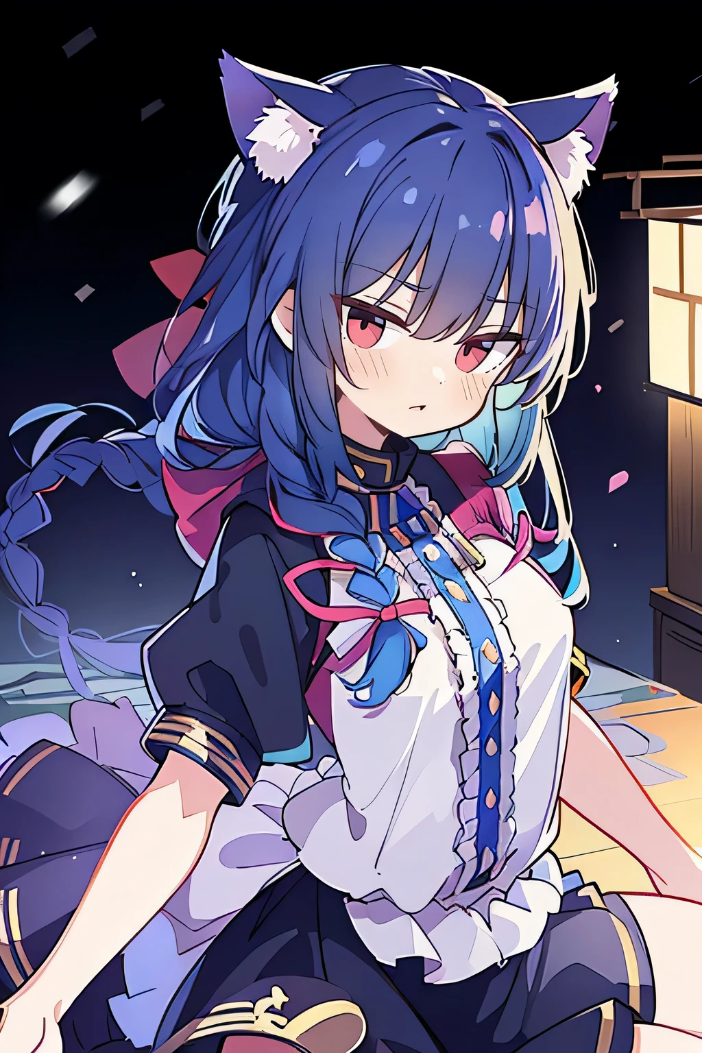（masterpiece：1.2），Super detailed，lifelike，Expressive eyes，fair skin，perfect face shape，1 girl，
Japanese comics,Gorgeous blue hair,flowing blue hair,flowing clothes,Cat ears,Petals fall,beautiful lola,Baby Angel,
Shaking head with one hand，Cross your legs，Gentle and peaceful background，The pavilion is cool and comfortable,smile, wearing hoodie, background of tokyo,back views,snowing, winter,lie on the water.(Best Quality: 1.3), (Masterpiece: 1.3), (Illustration: 1.3), (Ultra Detailed: 1.3), (Imide Lens: 0.9), 1girl, Medium Breasts, Purple Eyes, ((Dark Blue Hair) ), hair accessories, young, clothing-gladiia, long hair, dark blue hair, indoors, black shorts, high socks, low ponytail, expressionless, upper body, close-up, coat, skirt,fgo style,like \(destiny\), like Adult, hair length, underwear, masterpiece, Top quality, 1 Girl, looking at the audience,(((braid)))、shameful face、Embarrassed face、Long body、huge 、