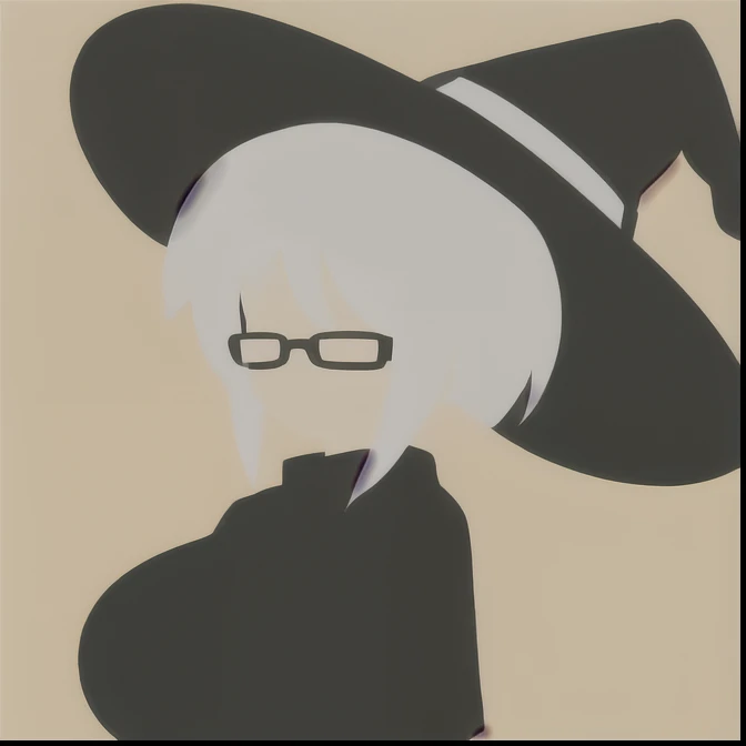 Anime Minimalist, One girl, alone, White Hair, Black clothing,Yellow background, hair ornaments, librarian,Glasses,hat,witch,(Turned to the side:1.5),(Large Breasts.1.7),(Huge breasts:1.25)
