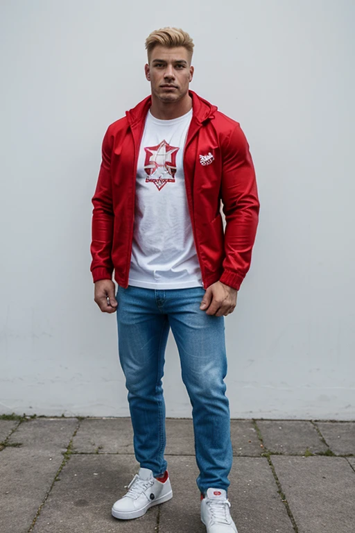 Draw a picture of a big muscular male character standing and holding a skateboard in his right hand, dressed in an open red jacket with a white t-shirt, blue jeans and shoes, with short blonde hair.