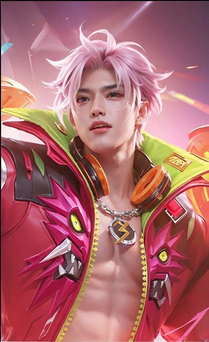 real life adaption of this character, Korean handsome face,realistic outfit,detailed eyes ,realistic spiky pink and black hair,realistic background,hyper realistic,realism,realistic light, realistic shadow,(photorealistic:1.2), looking to viewer
